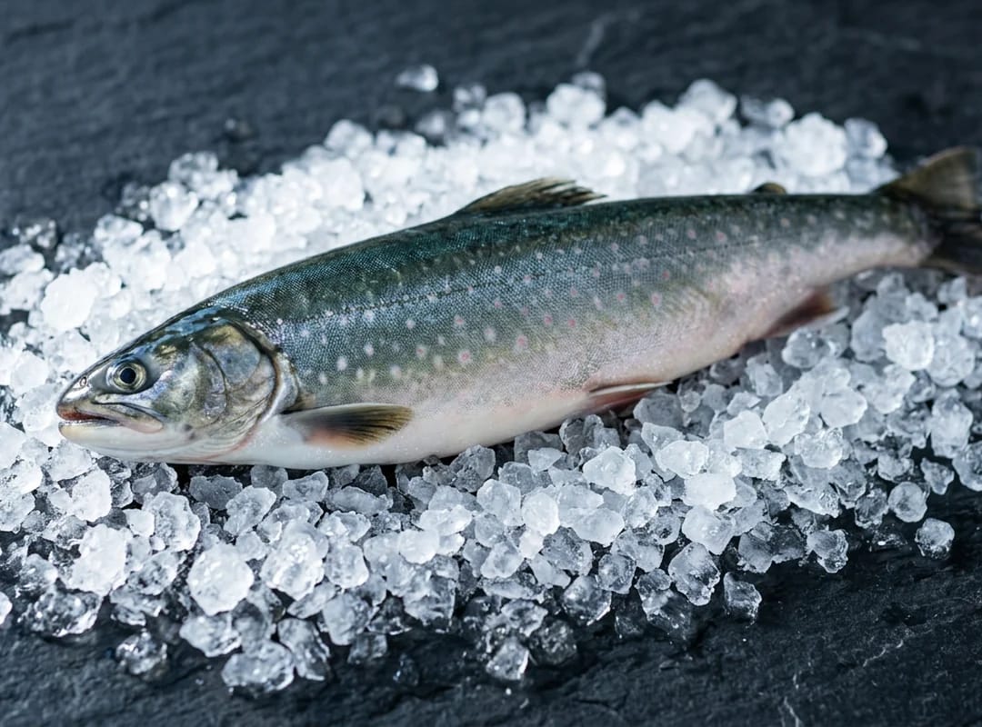 Hel rå ishavsrøye på knust is — artsbilde av Salvelinus alpinus