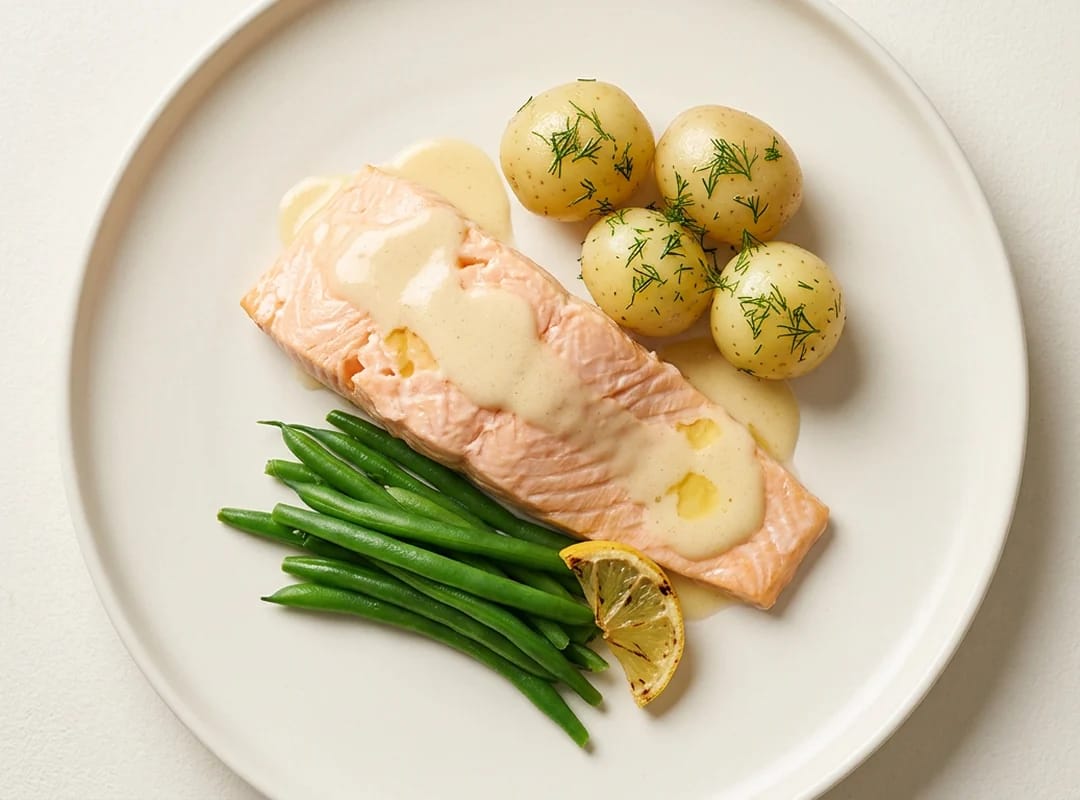 Pochert ishavsrøyefilet med sandefjordsmør, nypoteter og bønner
