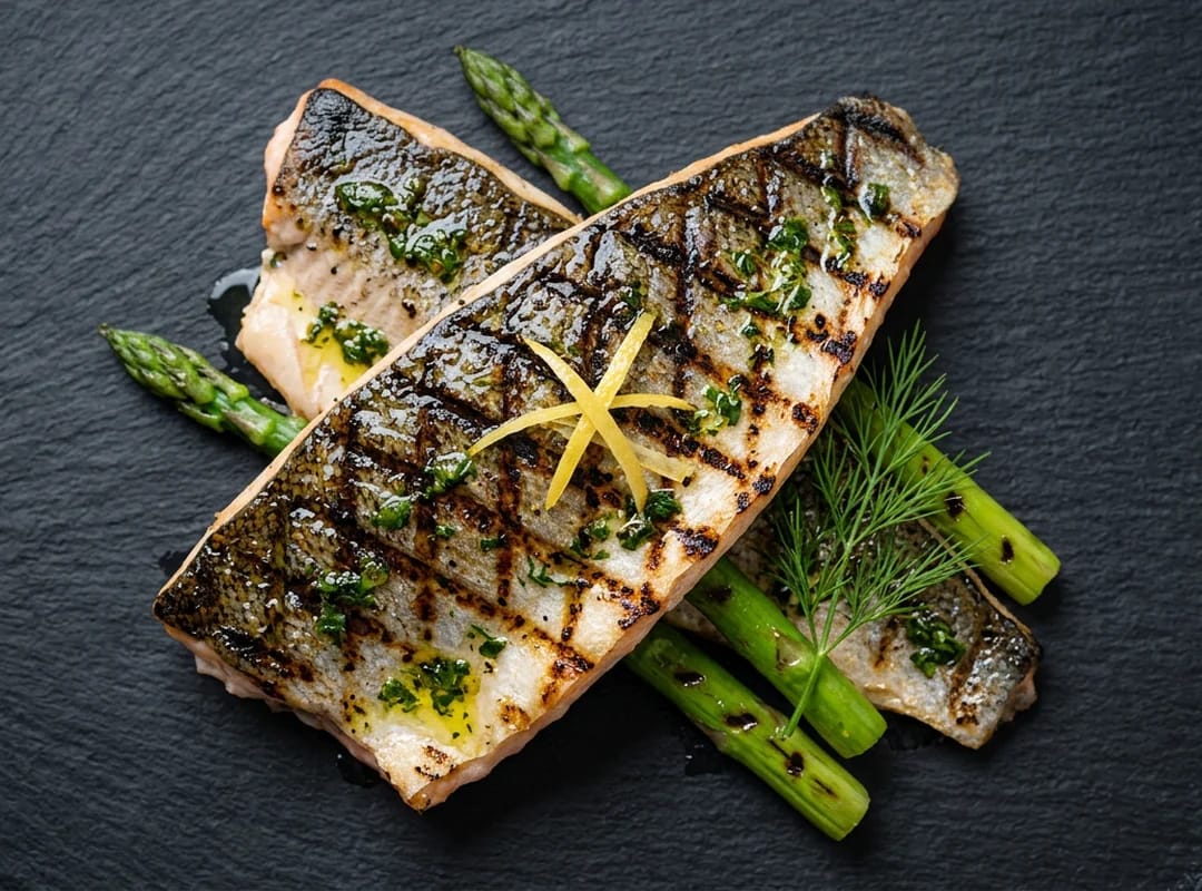 Grillet ishavsrøye med grillmerker i skinnet, urteolje og asparges
