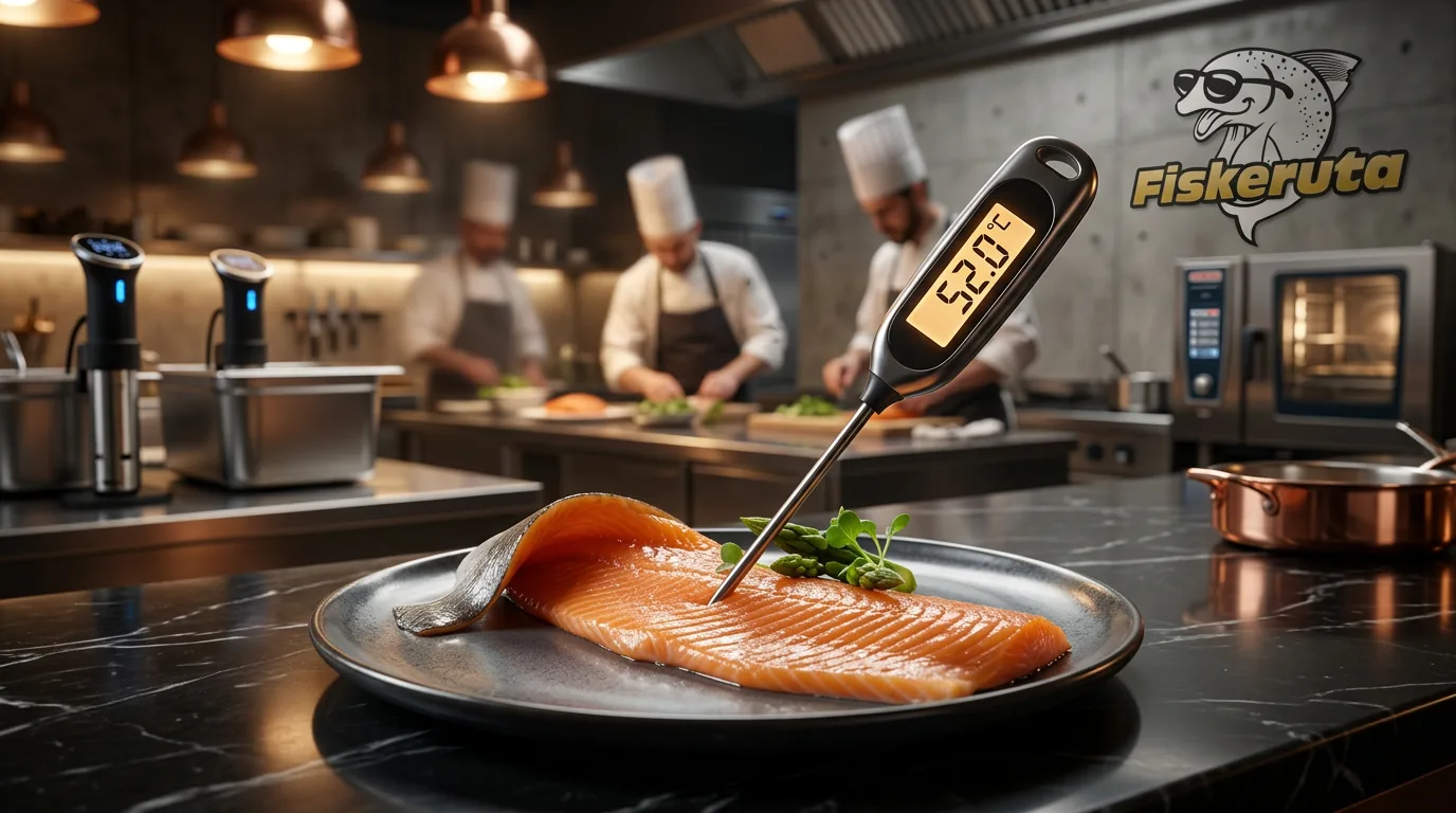 Digitalt steketermometer viser 52,0 °C i tykkeste punkt av ishavsrøye-filet — anrettet på tallerken i Fiskerutas kjøkken med sous vide-badene og kokker i bakgrunnen.