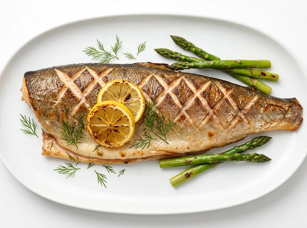 Fersk ishavsrøye-filet fra Sigerfjord Fisk anrettet på tallerken med syltet fennikel, ertepuré, asparges, ny potet og dill — «Sigerfjord Fisk»-skilt og kokk fra Fiskeruta i bakgrunnen.