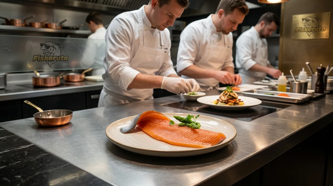 Ishavsrøye-filet fra Sigerfjord Fisk anrettet i Fiskerutas kjøkken — Nicolai Radmer Nielsen og teamet garnerer parallelt. Forberedelse til ovnsstek på 180 °C.