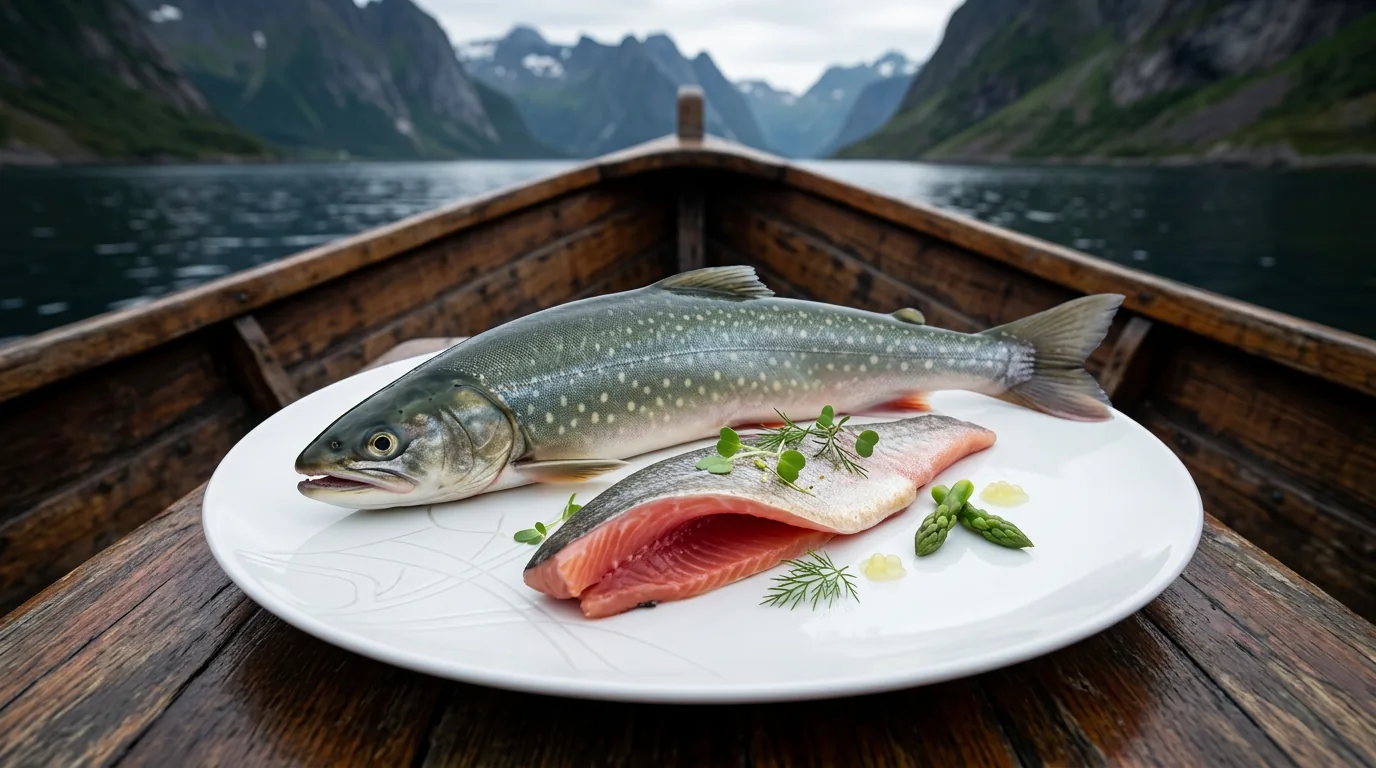 Hel ishavsrøye (Salvelinus alpinus) og fersk rosa filet på hvit tallerken i en trebåt — med Vesterålen-fjellene i bakgrunnen. Råvare fra Sigerfjord Fisk i Fiskfjord, Hadsel kommune.