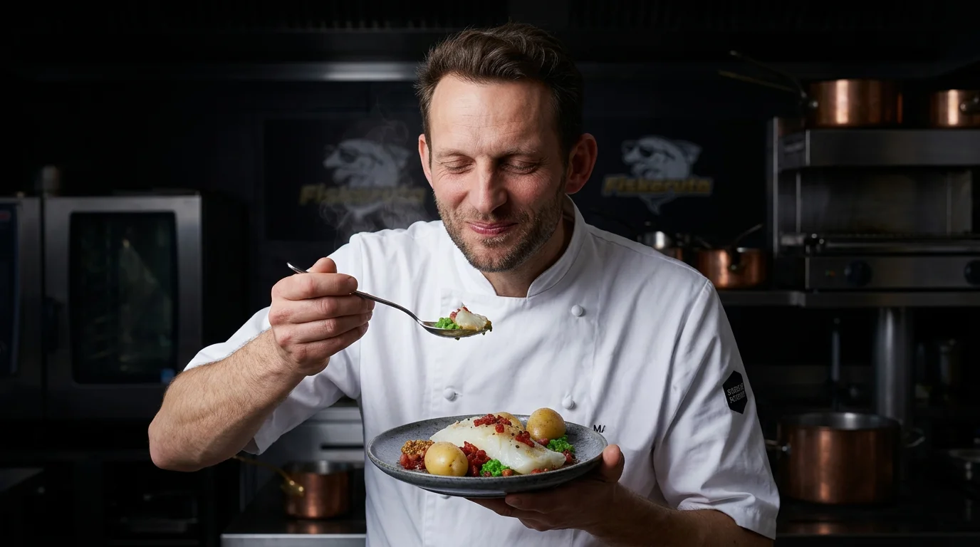 Nicolai Radmer Nielsen, kokk hos Fiskeruta, med perfekt tilberedt ishavsrøye — mild, saftig og fast