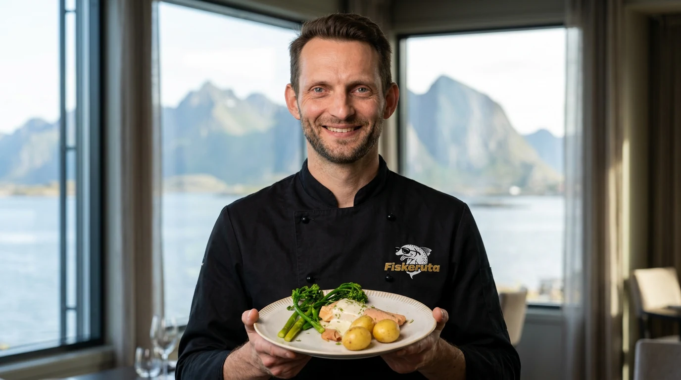 Nicolai Radmer Nielsen, sjømatansvarlig i Fiskeruta, med en tallerken ishavsrøye fra Sigerfjord Fisk — servert med brokkolini, ny potet og sitronsaus, foran Lofoten-fjellene.