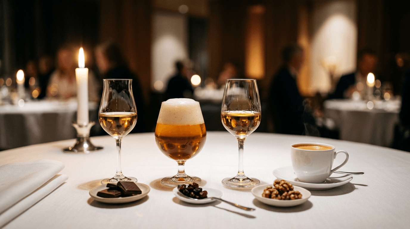 Klassisk drikkefølge til ishavsrøye-dessert: dessertvin, akevitt, kaffe og smaker av sjokolade, tørket bær og nøtter — restaurantbord med stearinlys