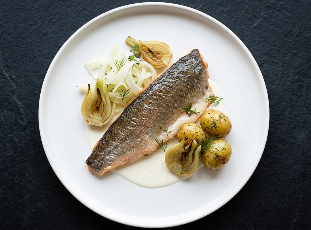 Ishavsrøye-filet fra Sigerfjord Fisk anrettet i Fiskerutas kjøkken — Nicolai Radmer Nielsen og teamet garnerer parallelt i bakgrunnen. Forberedelse til ovnsstek på 180 °C.
