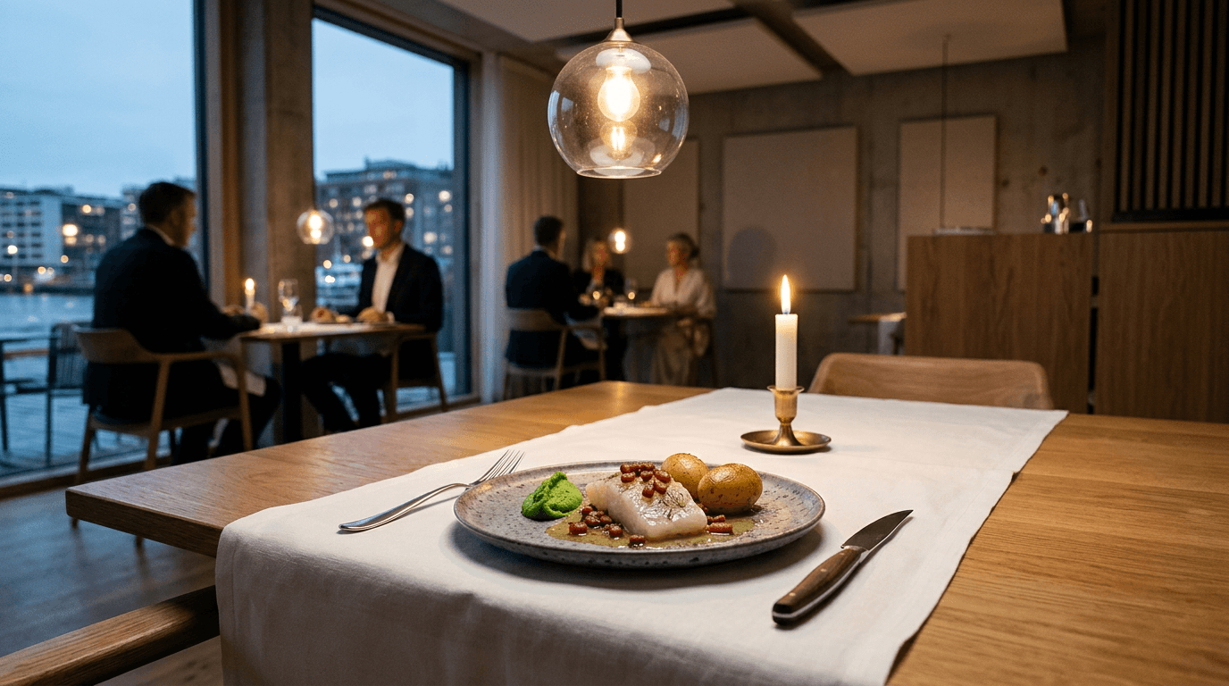 Klassisk ishavsrøye anrettet på keramikktallerken med bacon, ertestuing og mandelpoteter — restaurantservering med utsikt mot havnen