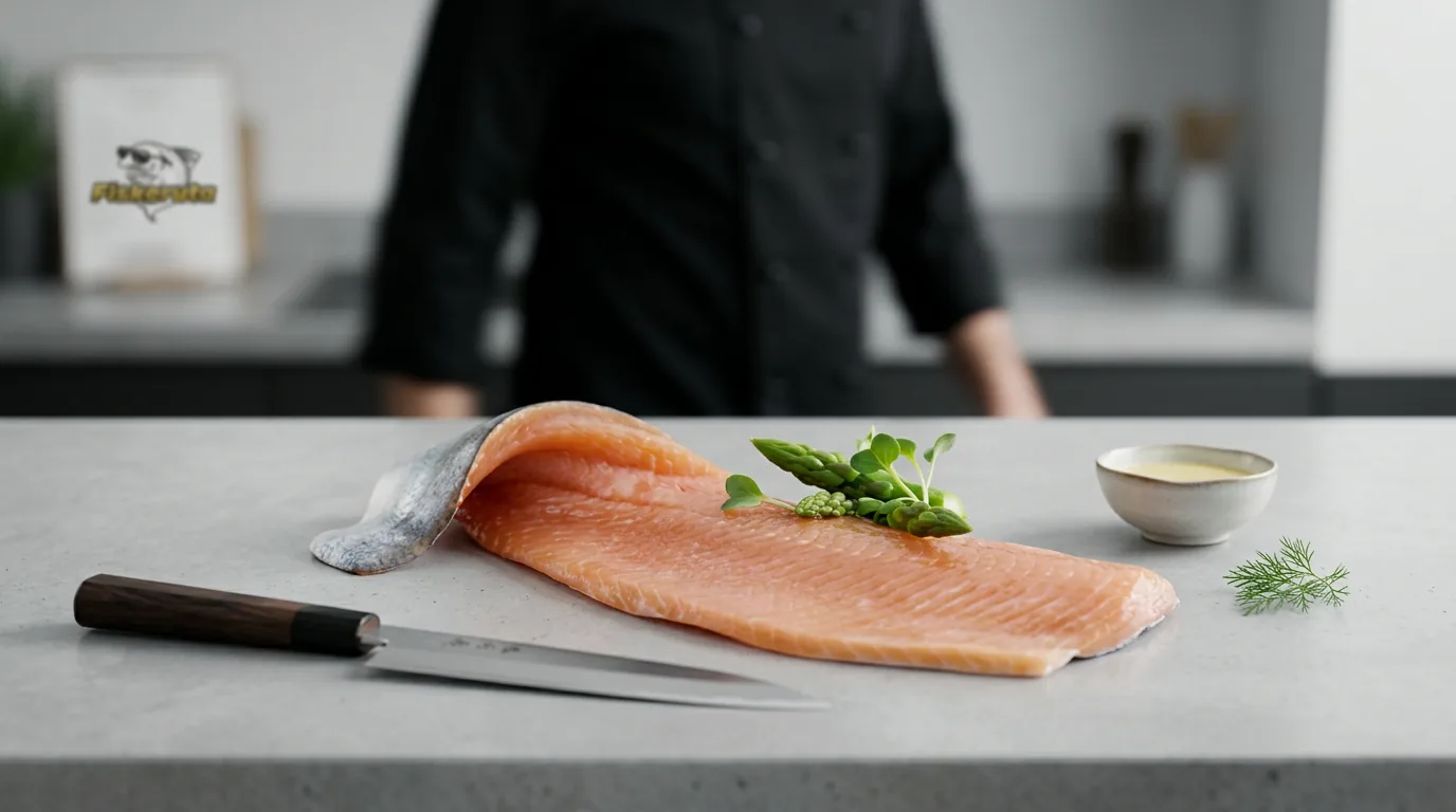Rå ishavsrøye-filet fra Sigerfjord Fisk anrettet på benk med japansk kokkekniv, dillkvist og skål med smørsaus — kokk fra Fiskeruta i bakgrunnen, klar til oppskrift.