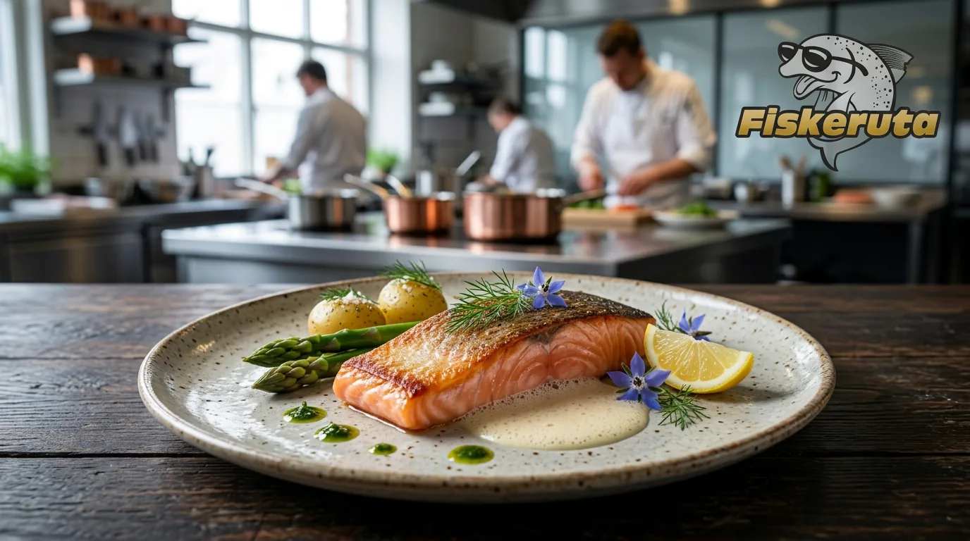 Stekt røyefilet med sprøtt skinn på tallerken med asparges, poteter, sitronbåt, dill og lys smørsaus — anrettet i Fiskerutas kjøkken.