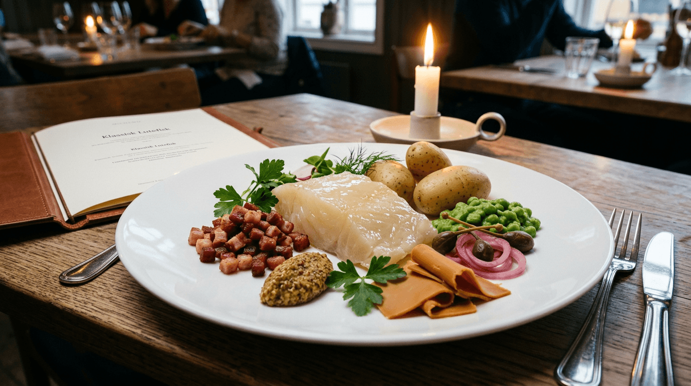 Klassisk ishavsrøye anrettet med bacon, grønn ertestuing, mandelpoteter, dijon-sennep, brunost, kapers og syltet rødløk på hvit tallerken i restaurant