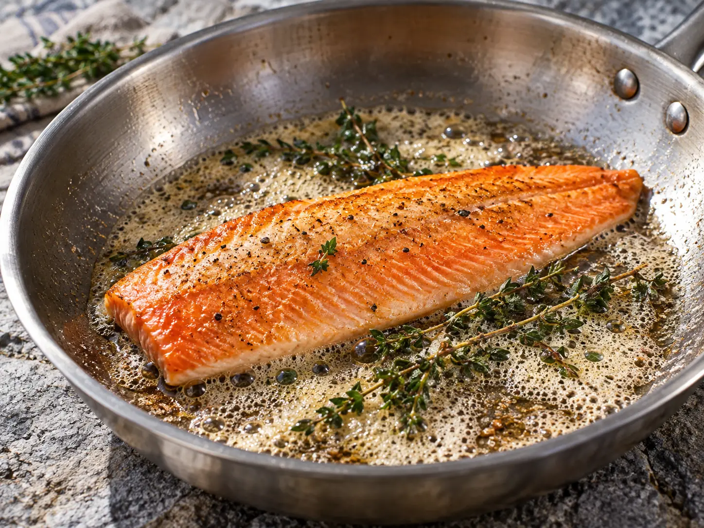 Ishavsrøyefilet stekes i stålpanne med skummende smør og timian