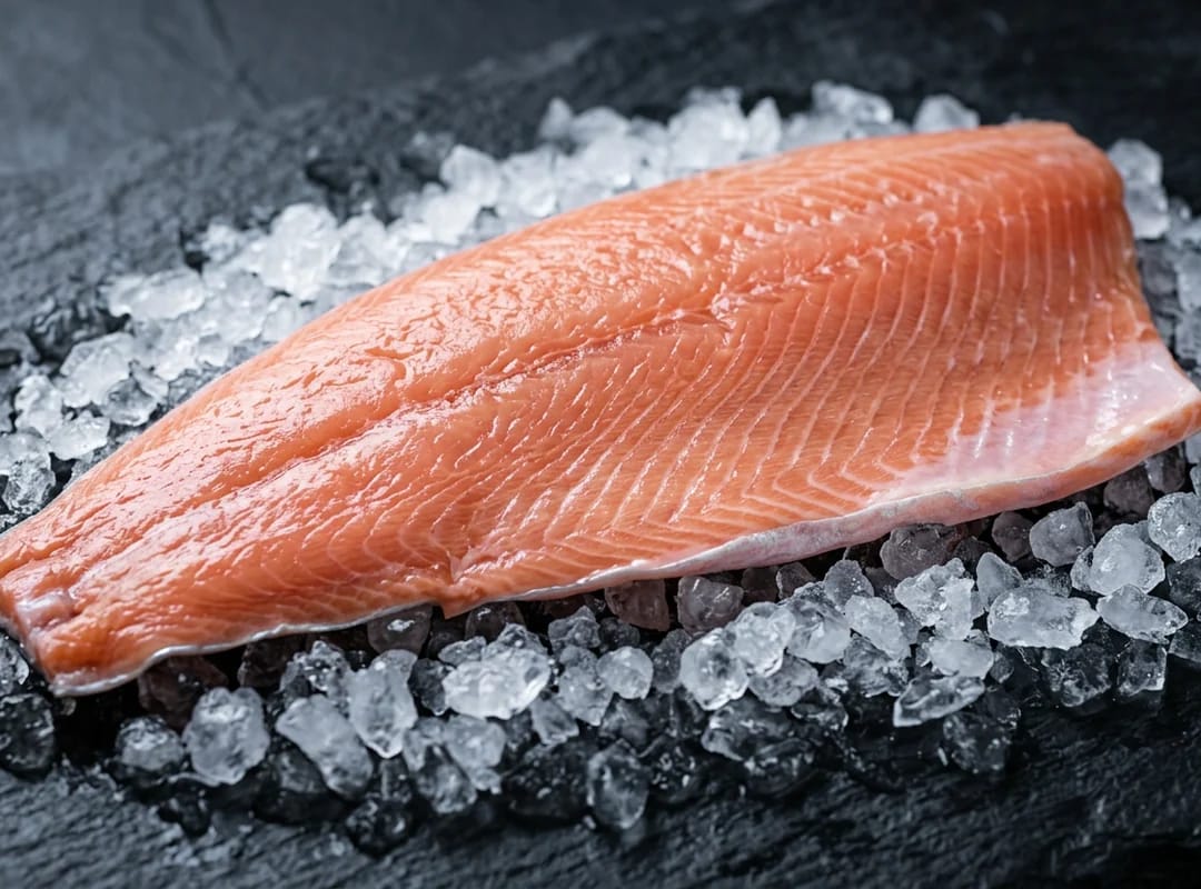 Fersk ishavsrøye-filet fra Sigerfjord Fisk anrettet på håndlaget speckled tallerken — med syltet fennikel, ertepuré, asparges, ny potet, dill og gulrot. Kokk fra Fiskeruta og «Sigerfjord Fisk»-skilt i bakgrunnen.
