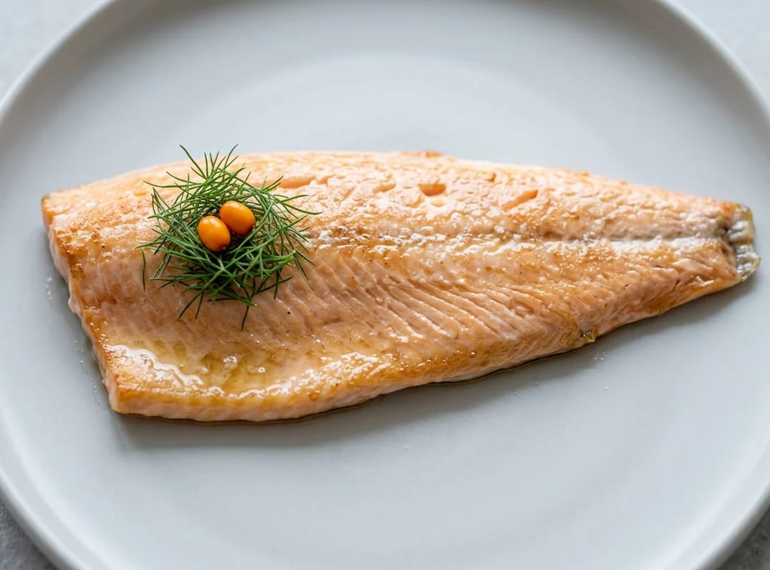 Pannestekt ishavsrøyefilet med sprøtt skinn på lys tallerken