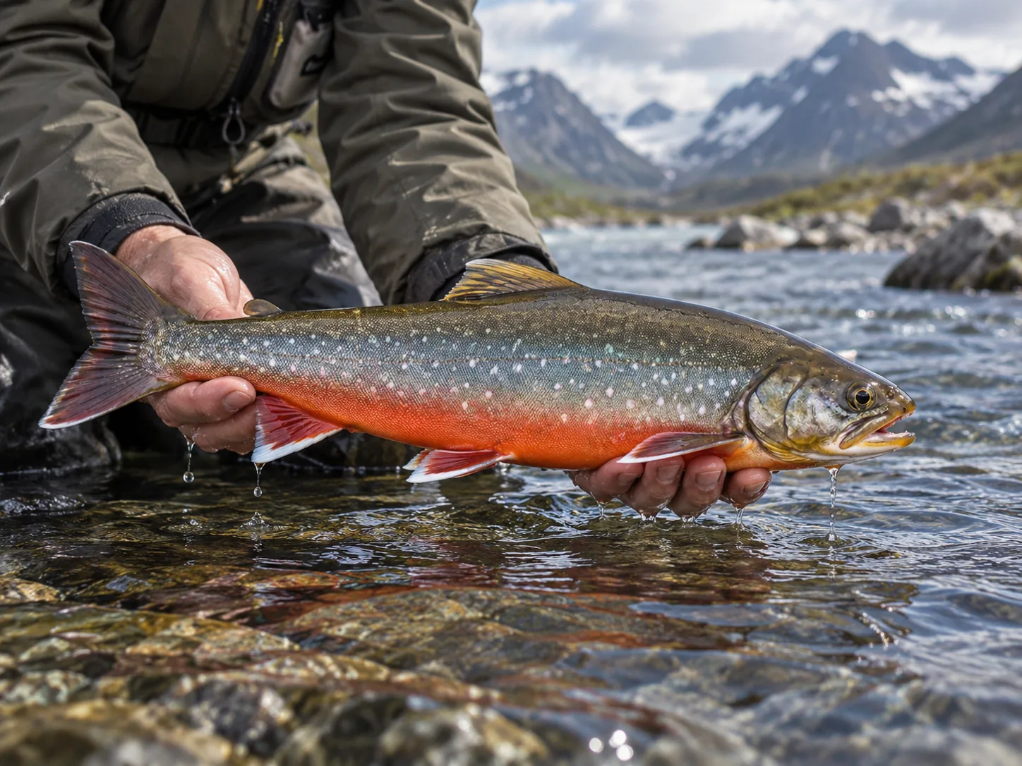 Villrøye med rød buk og hvitkantede finner holdt over en klar elv, fjell i bakgrunnen